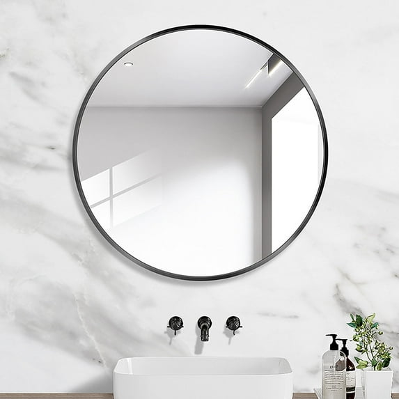 Hompen 28 Inch Round Wall Mirror, Metal Framed Round Bathroom Mirror for Wall Decor, Black