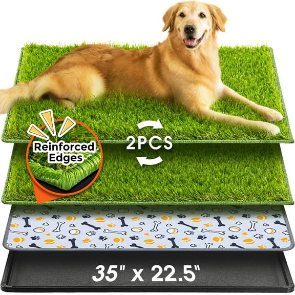 Hompet Dog Grass Pad with Tray Large, 35"x22.5", 2 Reusable Artificial Turf for Dogs Potty, Quickly Absorbency Portable Dog Litter Box, Waterproof Non-Slip Washable Pee Pads