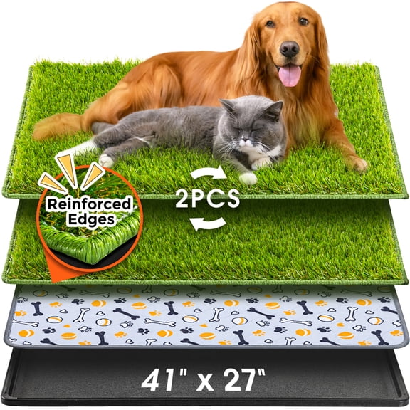Hompet Dog Grass Pad with Tray Large, 41"x27", 2 Reusable Artificial Turf for Dogs Potty, Quickly Absorbency Portable Dog Litter Box, Waterproof Non-Slip Washable Pee Pads