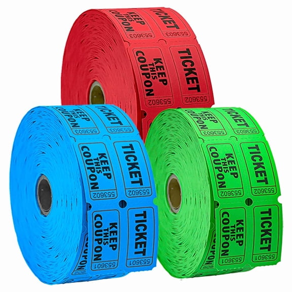Homrelaxy 3600 Pairs Double Raffle Tickets, 1200 per Roll, 3 Assorted Colors (Blue/Red/Green), for Events, Entry, Carnivals, and Door Prizes