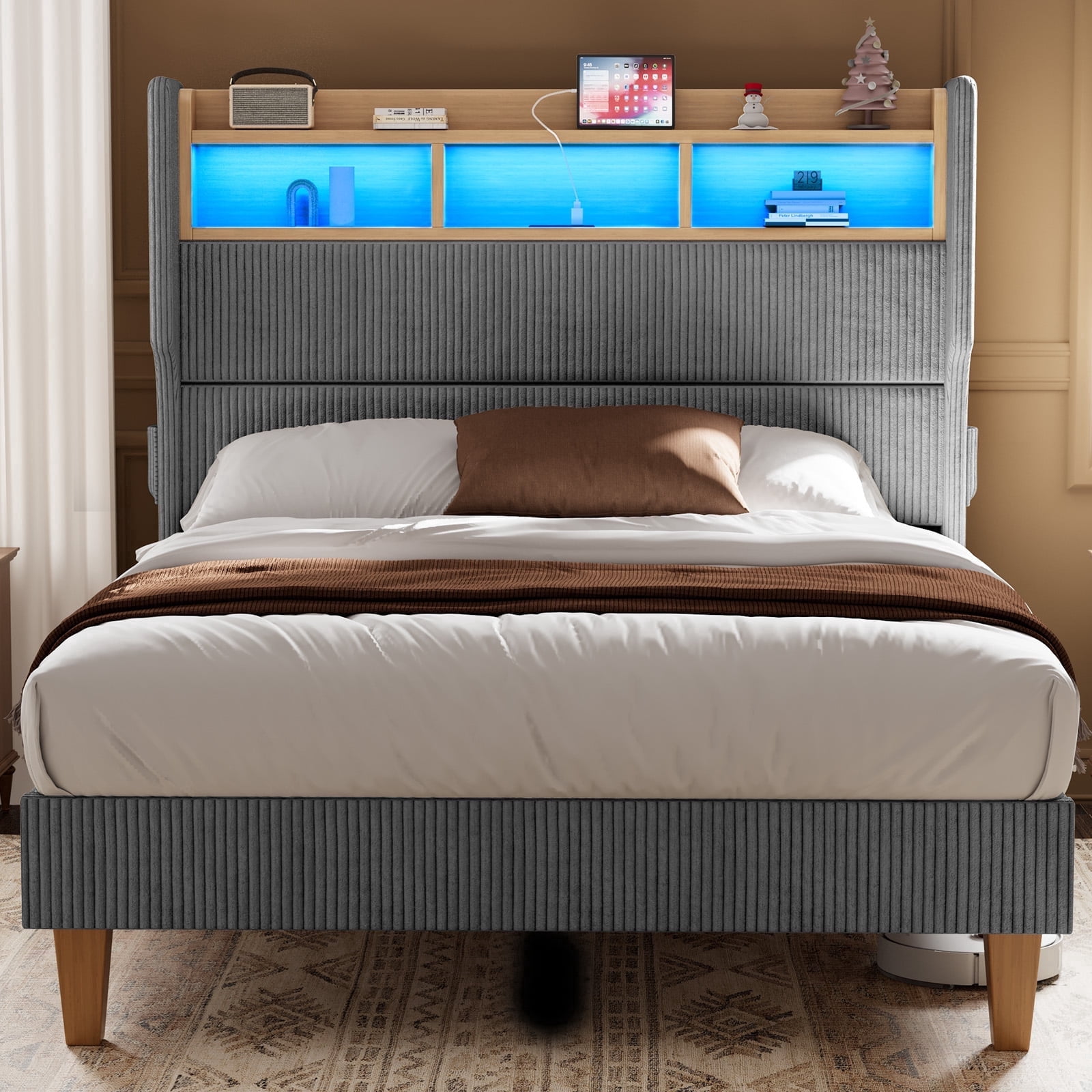 Bed Frame King Size with 51" Tall Headboard, LED Lights and Charging Station, Corduroy Upholstered Bed Frame with Storage Shelf, No Box Spring Needed, Gray
