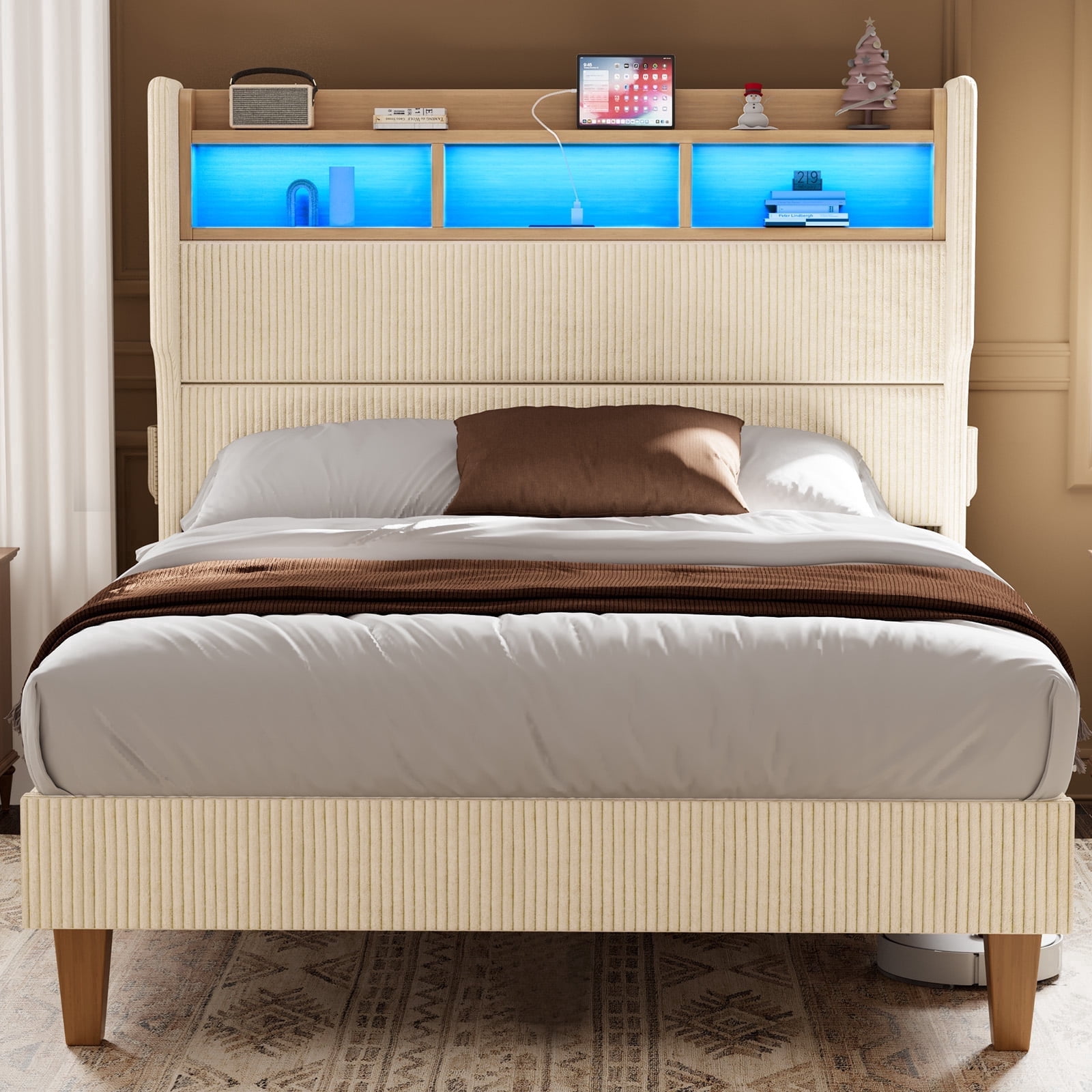 Bed Frame King Size with 51" Tall Headboard, LED Lights and Charging Station, Corduroy Upholstered Bed Frame King with Storage Shelf, No Box Spring Needed, Beige