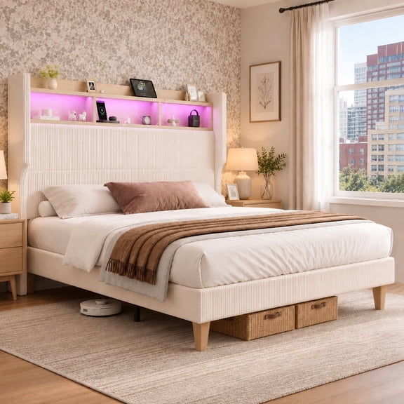 Bed Frame Queen Size with 51" Tall Headboard, LED Lights and Charging Station, Corduroy Upholstered Bed Frame Queen with Storage Shelf, No Box Spring Needed, Beige