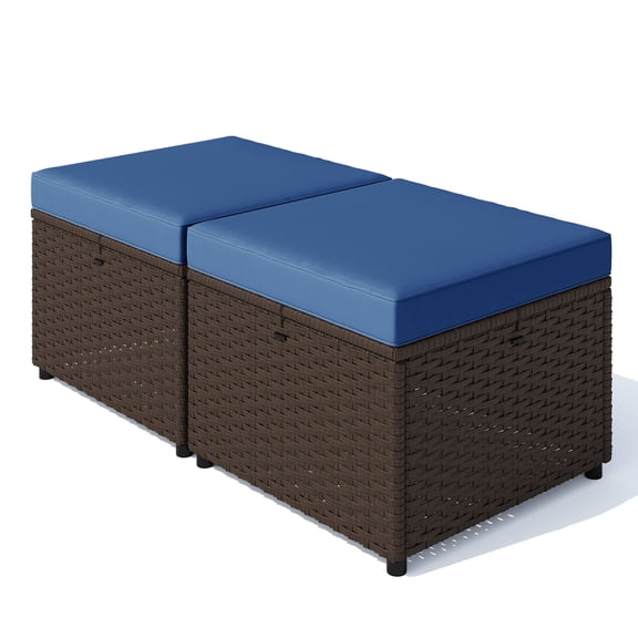 Homrest 2 Piece Patio Rattan OttomansOutdoor PE Wicker Footstool with Removable Cushions, 3-in-1 Function Extra Seating & Side Table for Porch, Poolside, Garden, Deck(Navy Blue)