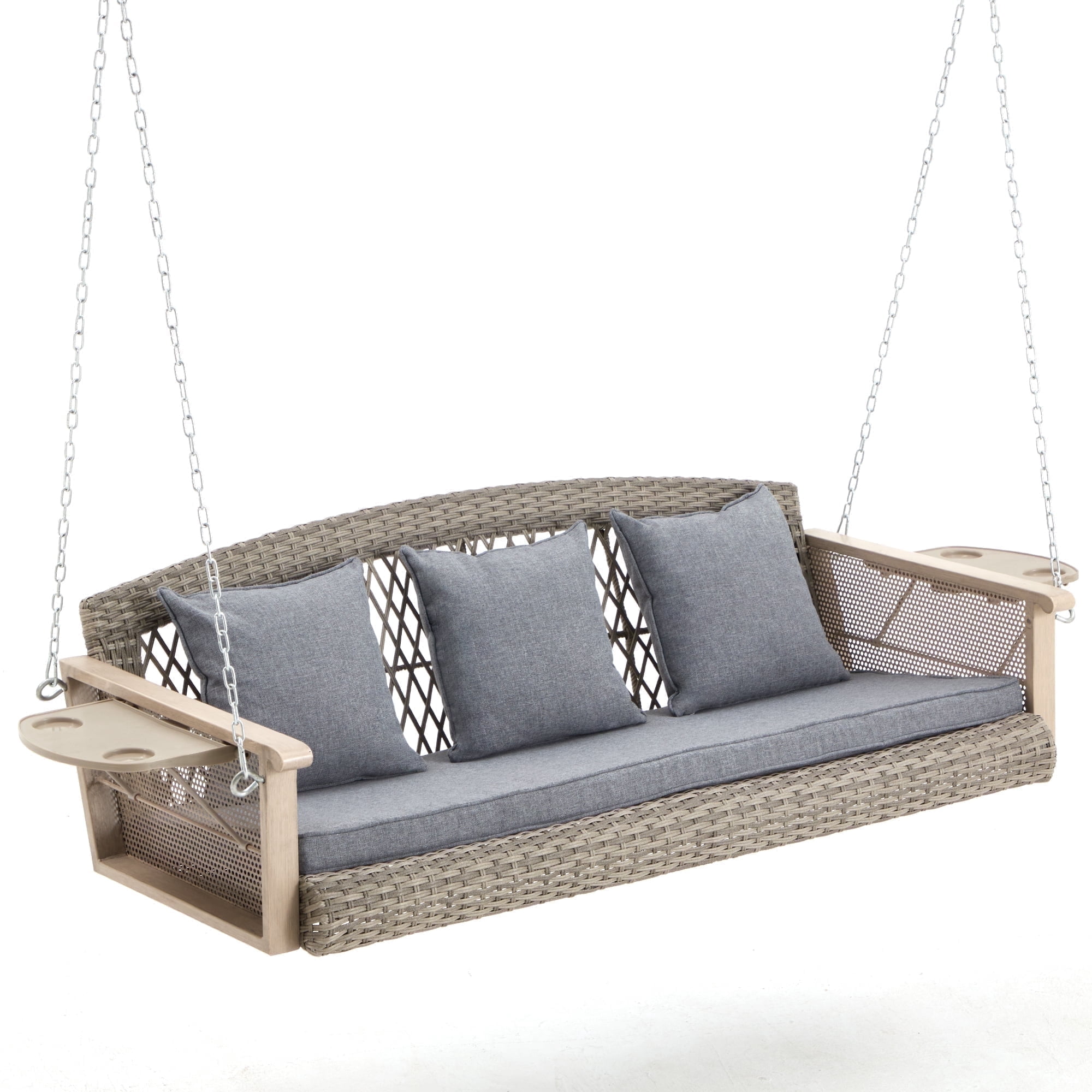 Homrest 3 Person Aluminum Wicker Porch Swing with Cup Holder and Cushions, Grey