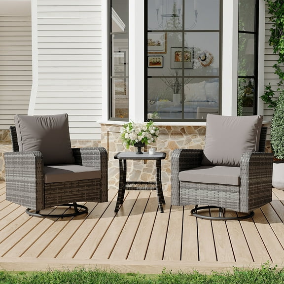 Homrest 3 Piece Outdoor Swivel Chairs -All Weather Wicker Patio bistro table and chairs set of 2 Small Patio Furniture Set for Balcony Porch Deck Backyard (Grey)