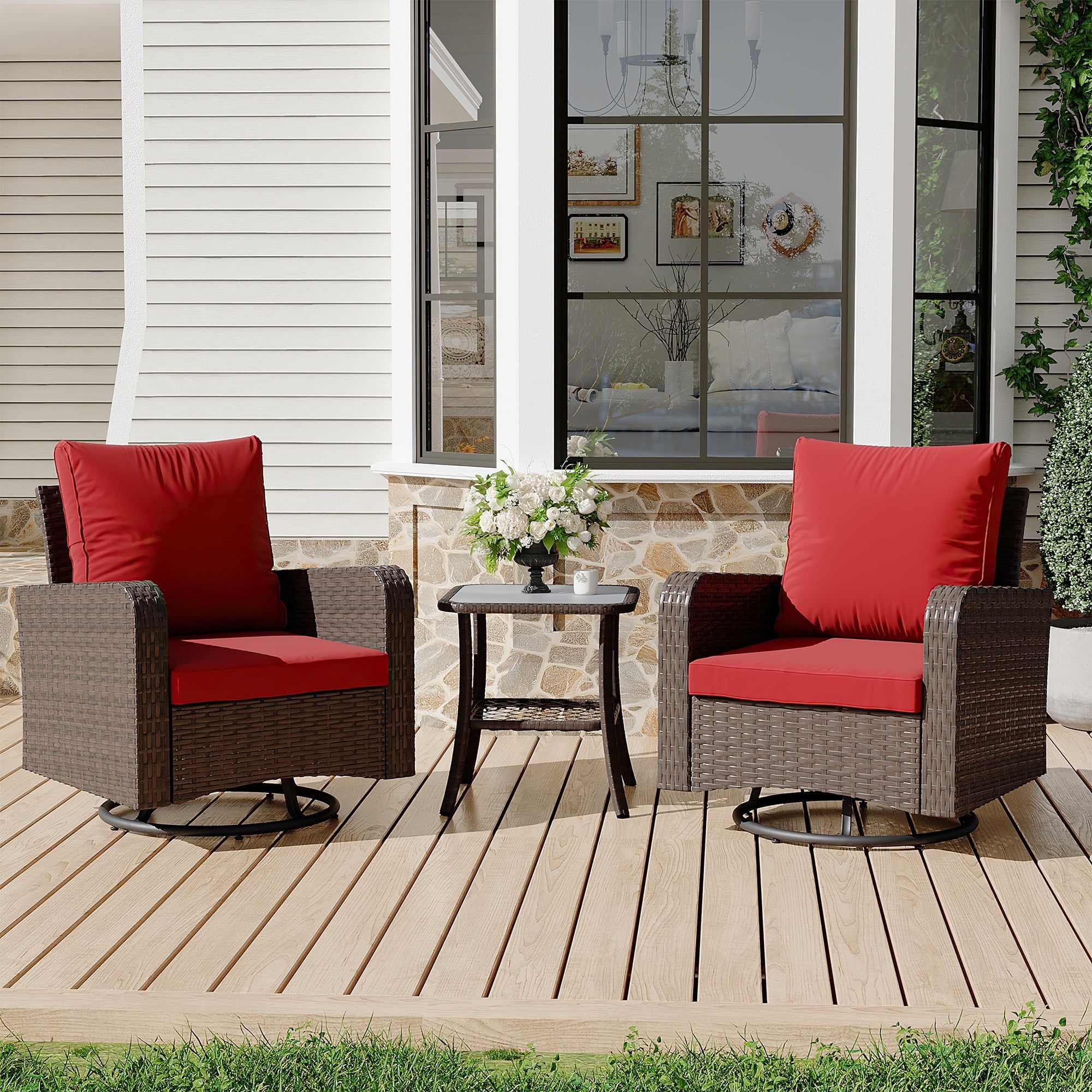 Homrest 3 Piece Outdoor Swivel Chairs -All Weather Wicker Patio bistro table and chairs set of 4 Small Patio Furniture Set for Balcony Porch Deck Backyard (Wine Red)