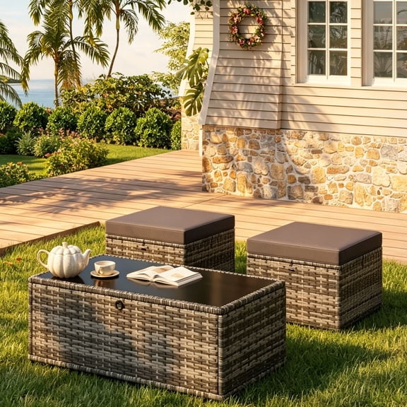 Homrest 3 Piece Patio Rattan Ottomans SetOutdoor PE Wicker Footstool w/ Removable Cushion, Storage Coffee Table & Multipurpose Footrest Stool for Porch, Poolside, Garden, Deck(Grey)