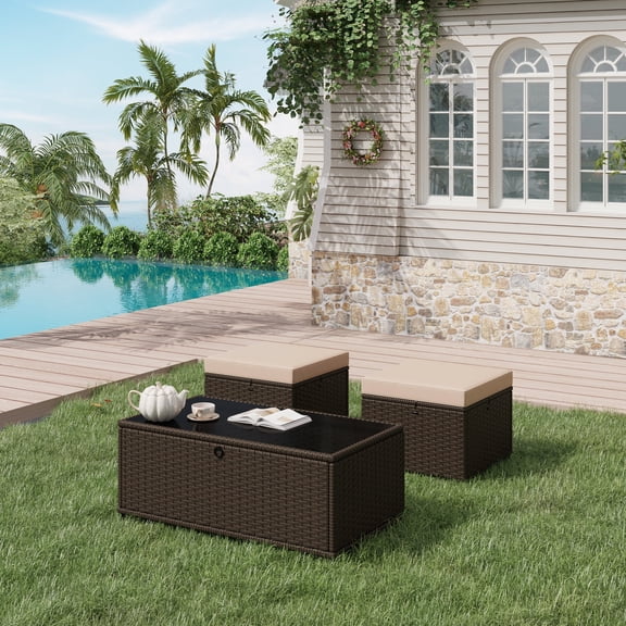 Homrest 3 Piece Patio Rattan Ottomans SetOutdoor PE Wicker Footstool w/ Removable Cushion, Storage Coffee Table & Multipurpose Footrest Stool for Porch, Poolside, Garden, Deck(Khaki)