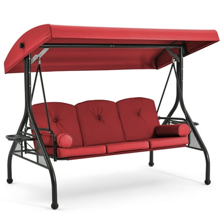 Homrest 3 Seat Outdoor Porch Swing with Adjustable Canopy, Cushions, and Cup Holder - Wine Red