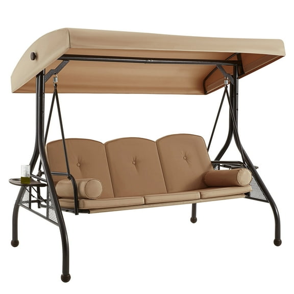 Homrest 3 Seat Porch Swing with Steel Frame, Cushions, Pillow and Cup Holder, Brown