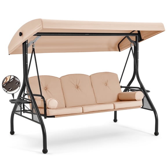 HOMREST 3 Seat Porch Swing with Adjustable Canopy, Patio Swing with Stand(Khaki)