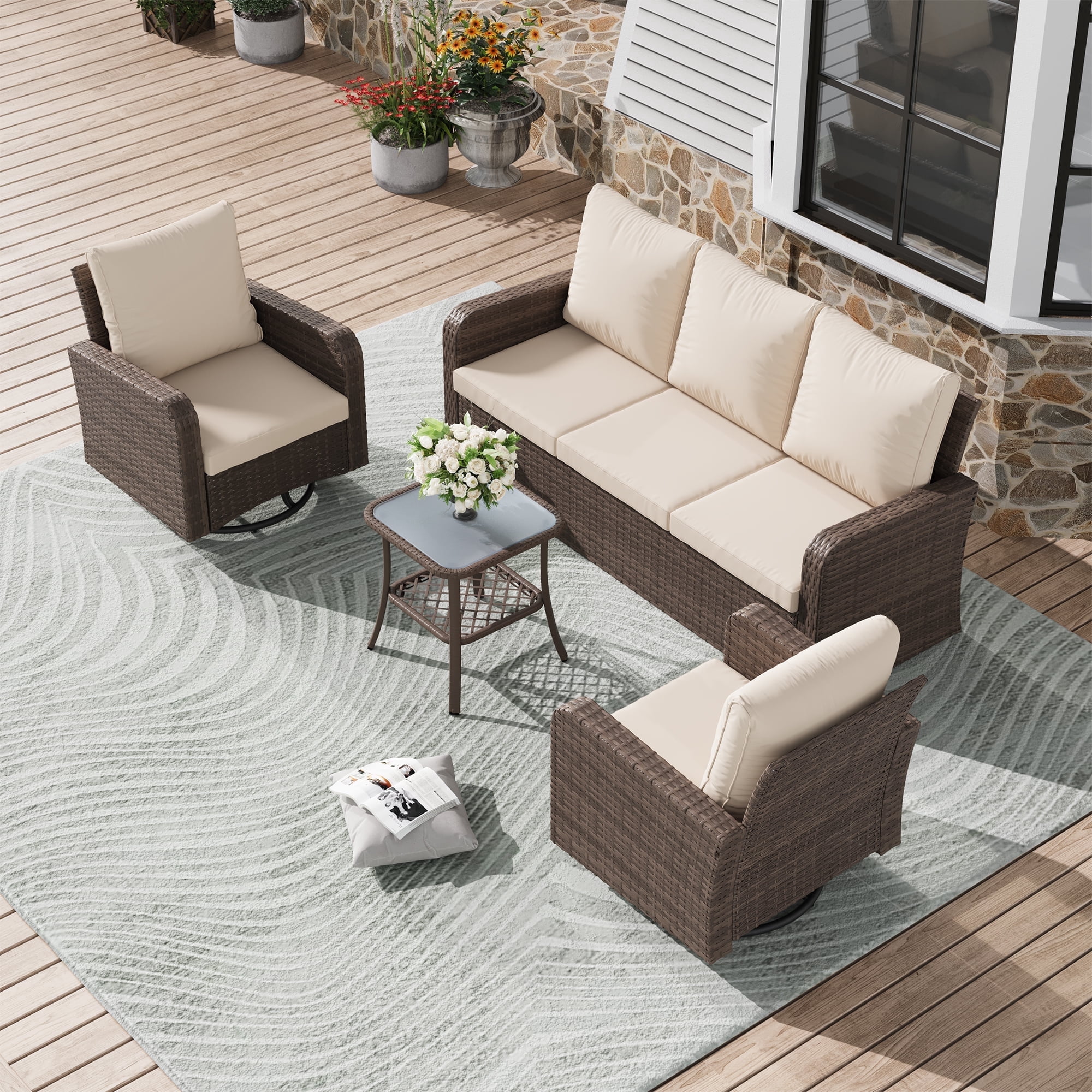 Homrest 4 Piece Wicker Patio Furniture Set, 360 Degree Outdoor Swivel ...
