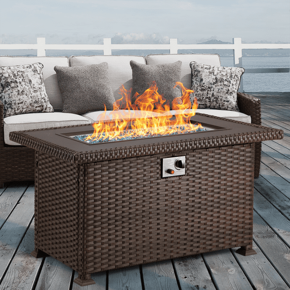 Homrest 44" Propane Fire Pit Table 50,000Btu Auto-Ignition Dark Brown and Black Wicker