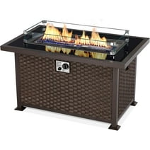 Homrest 44in Outdoor Propane Gas Fire Pit Table, 50,000 BTU Auto-Ignition Gas Firepit with Glass Wind Guard, Tempered Glass Tabletop & Glass Rock