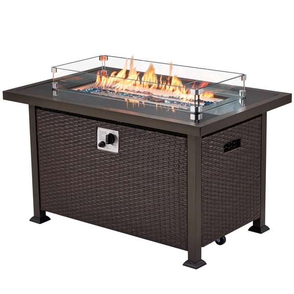Homrest 44in Outdoor Propane Gas Fire Pit Table, 50,000 BTU with Glass Wind Guard, Brown PE Rattan