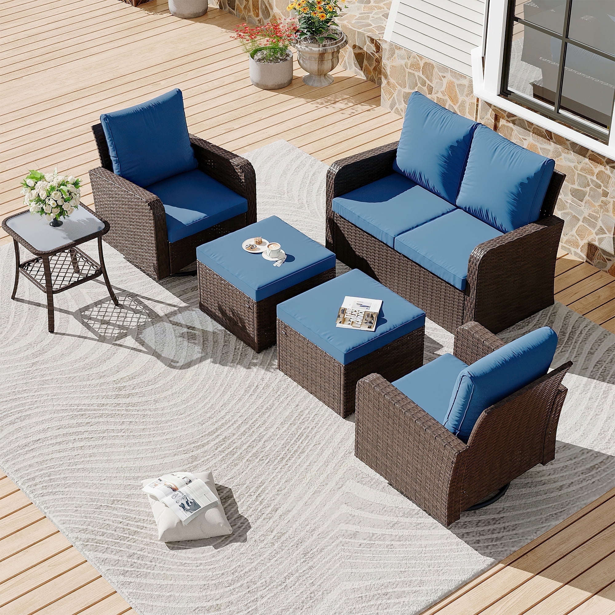 Homrest 6 Piece Patio Conversation Sets with Loveseat, Rattan Wicker Swivel Chairs with 2 Ottoman, Coffee Table & Cushions, Outdoor Furniture Sets for Garden, Poolside, Backyard (Navy)