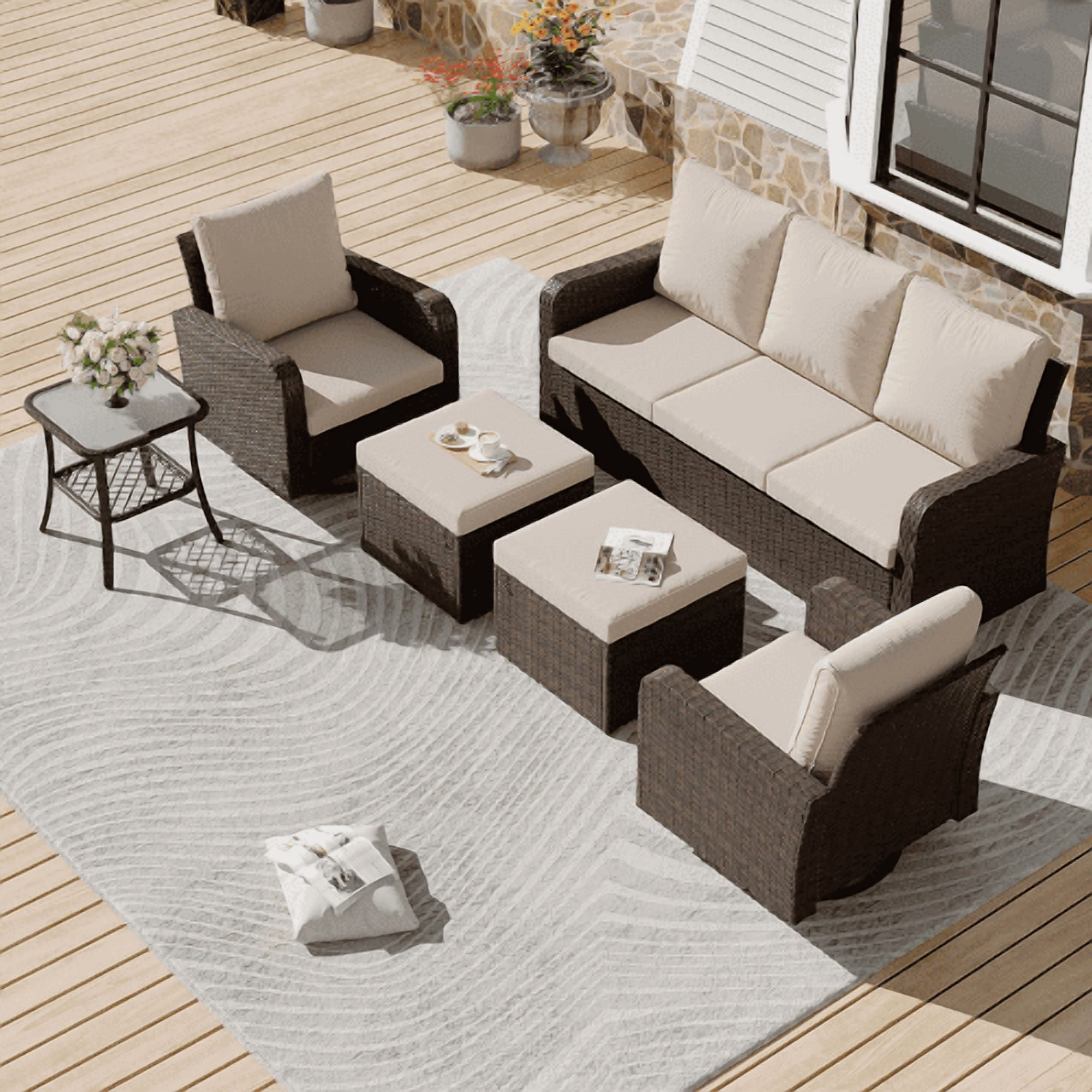 Homrest 6 Piece Patio Conversation Sets with Sofa Couch, Rattan Wicker Swivel Chairs with 2 Ottoman, Coffee Table & Cushions, Outdoor Furniture Sets for Garden, Poolside, Backyard (Khaki)