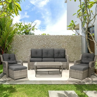 Homrest 6-Piece Steel Outdoor Sectional Wicker Conversation Sets with Coffee Table Ottoman Cushions, Gray