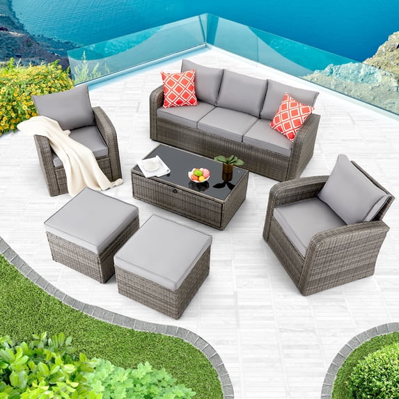 Homrest 6 Pieces Patio Furniture Sets,Rattan Sectional Sofa W/Ottomans, Cushions for Garden, Lawn, Balcony, Grey