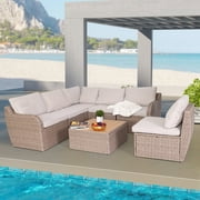 Homrest 7 Pcs Patio Furniture Set, Half-Round Rattan Outdoor Furniture with Cushion and Table, Khaki