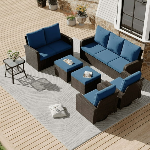Homrest 7 Piece Patio Conversation Sets,Outdoor Furniture Sets w/ 3-Seat Sofa & Loveseat Couch, Rattan Wicker Swivel Chairs w/ 2 Ottoman, Coffee Table & Cushions for Garden, Poolside, Backyard (Navy)