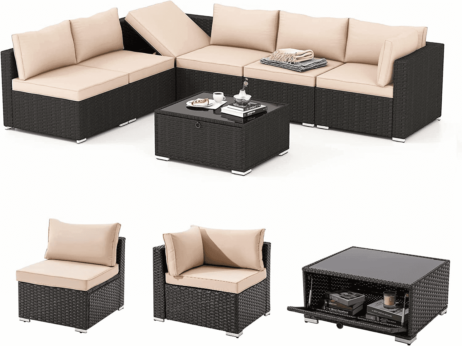 Homrest 7 Pieces Outdoor Sectional Sofa, Wicker Conversation Sets, Steel Frame, Khaki