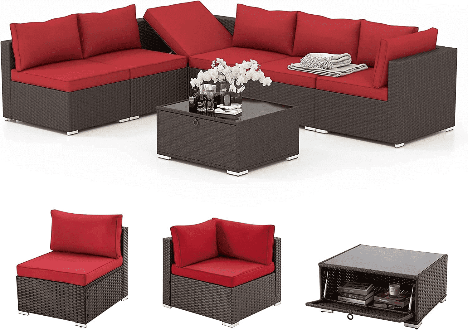 Homrest 7 Pieces Outdoor Sectional Sofa, Wicker Conversation Sets, Steel Frame, Red