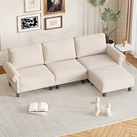 Homrest 90 Inch L Shaped Sectional Couches with Chaise for Living Room, Cloud Couch with Movable Ottoman Beige