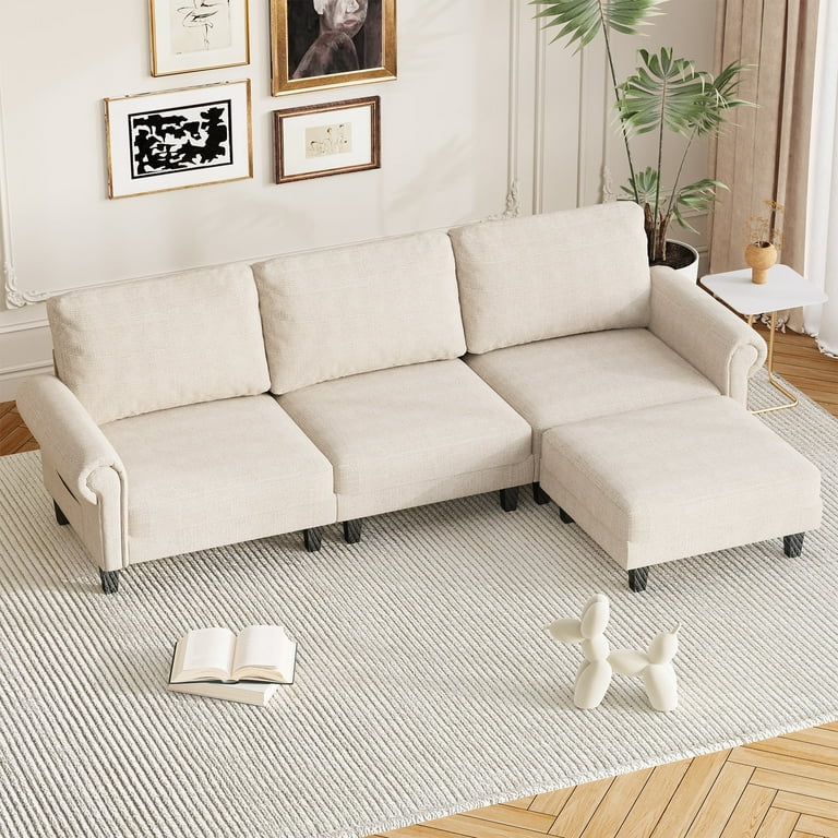 Homrest L Shaped Sectional Couch, Chaise, Movable Ottoman, 90in