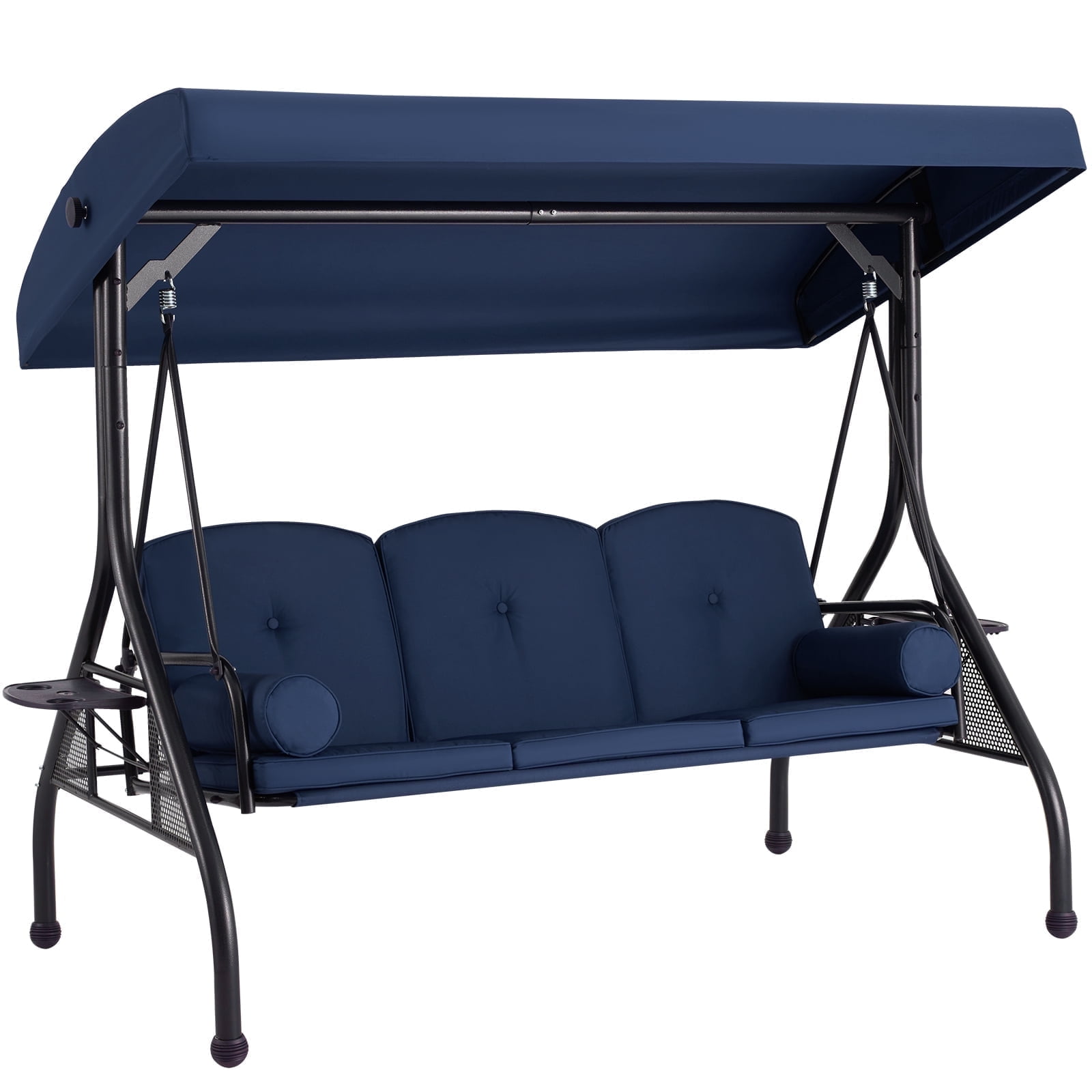 Blue Cushioned Steel Frame 3-Person Porch Swing with Adjustable Canopy