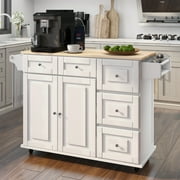 Homrest Kitchen Island with Drop Leaf,Kitchen Cart Rolling Mobile Island with Wooden Countertop, Spice Rack,Adjustable Shelves and Drawers, White