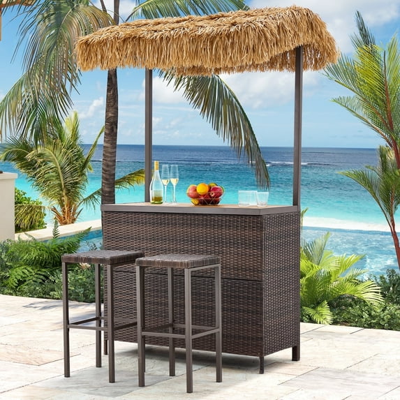 Homrest Outdoor Bar Set, 3 Piece Wicker Bar Set with Storage Shelf, Canopy, Plastic Wood Tabletop, Brown