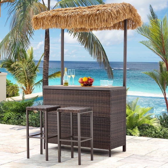 Homrest Outdoor Bar Set, 3 Piece Wicker Bar Set with Storage Shelf, Canopy, Plastic Wood Tabletop, Brown
