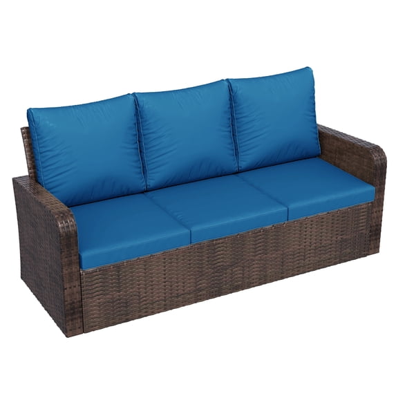Homrest Outdoor Patio Couch Sofa, All-Weather PE Wicker 3 Seater Couch, Outdoor Seating Patio Furniture Sofa with Cushions, Modern Garden Furniture for Deck, Balcony, Porch(Navy)