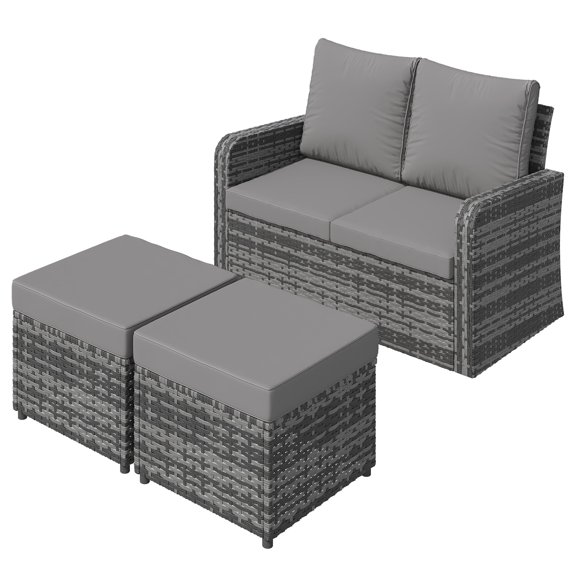 Homrest Outdoor Patio Couch Sofa, All-Weather PE Wicker Loveseat Couch, Outdoor Seating Patio Furniture Sofa with Ottoman & Cushions, Modern Garden Furniture for Deck, Balcony, Porch(Grey)