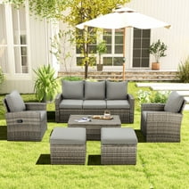 Homrest Outdoor Patio Funiture Set, 6 Pieces Wicker Rattan Sofa  All Weather Cushions and Table (Khaki)