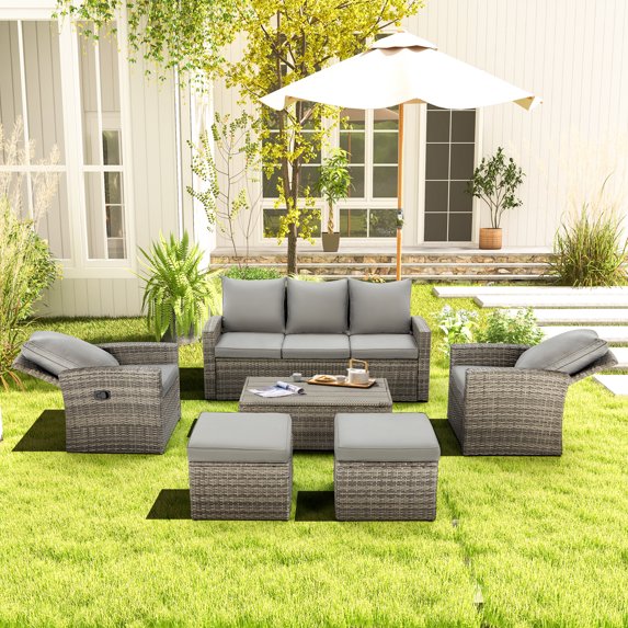 Homrest Outdoor Patio Funiture Set, 6 Pieces Wicker Rattan Sofa All Weather Cushions and Table (Khaki)