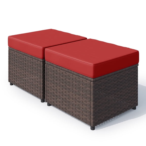 Homrest Outdoor Patio Ottomans Set of 2, 20-Inch All-Weather PE Wicker Footstool with Removable Cushions, 3-in-1 Function Extra Seating & Side Table for Backyard, Balcony, Poolside (Wine Red)