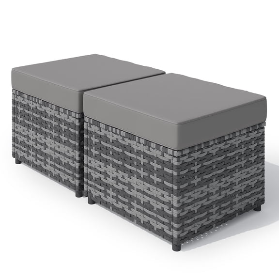 Homrest 20" All-Weather PE Wicker Ottomans, Set of 2 with Removable Cushions, 3-in-1 Footstool, Seat & Side Table for Patio, Poolside, Balcony(Grey)