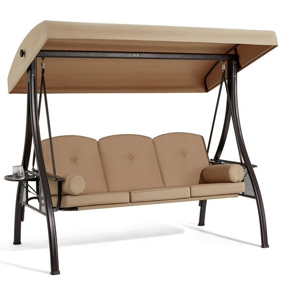 Homrest Outdoor Porch Swing with Adjustable Canopy, Steel Frame, and Brown Cushions