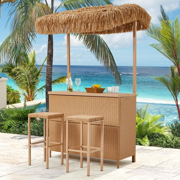 Homrest Outdoor Tiki Bar Set, 3 Pieces Wicker Patio Bar Set w/2 Height Stools, Storage Shelf, Canopy, Plastic Wood Tabletop Outdoor Bar Table Chairs Set for Backyard Poolside Garden, Beige