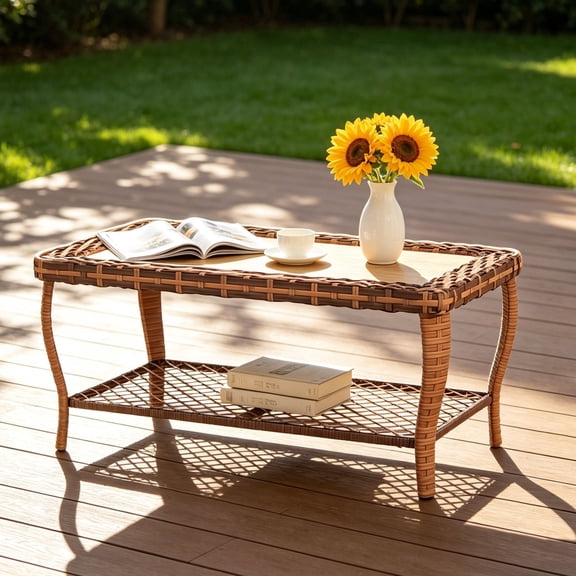 Homrest Outdoor Wicker Coffee Table with Storage Shelf, 40" Patio Coffee Table with Handwoven PE Rattan & Metal Frame, Rectangular Outdoor Center Table for Patio, Porch, Balcony, Garden, Backyard