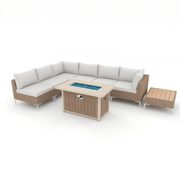 Homrest Patio Furniture Set with fire Pit Table Outdoor Sectional Sofa All-Weather Half-Round Conversation Set with Coffee Table for Garden Backyard (Grey, 8 Pcs)