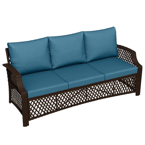 Homrest Wicker Patio Furniture 3-seat SofaOutdoor Seating Couch with Cushions, All-Weather Patio Couch for Porch, Poolside, Garden, Deck(Turquoise)