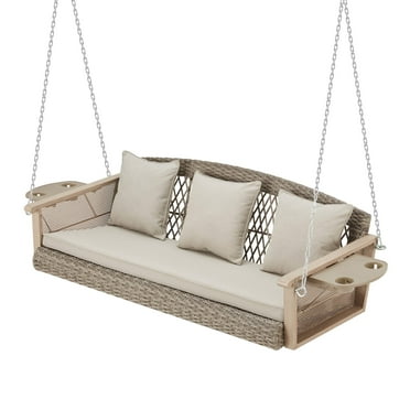 Homrest Wicker Porch Swing with Upgraded Cup Holder and Cushions, 55 Inch Beige