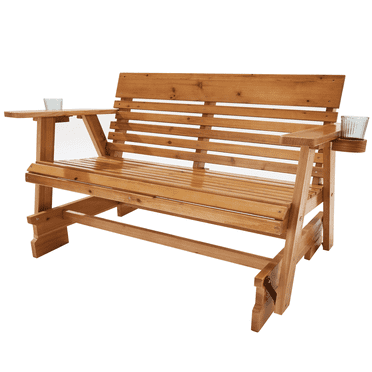 Homrest Wooden Patio Outdoor Glider Bench with Cup Holders, Brown
