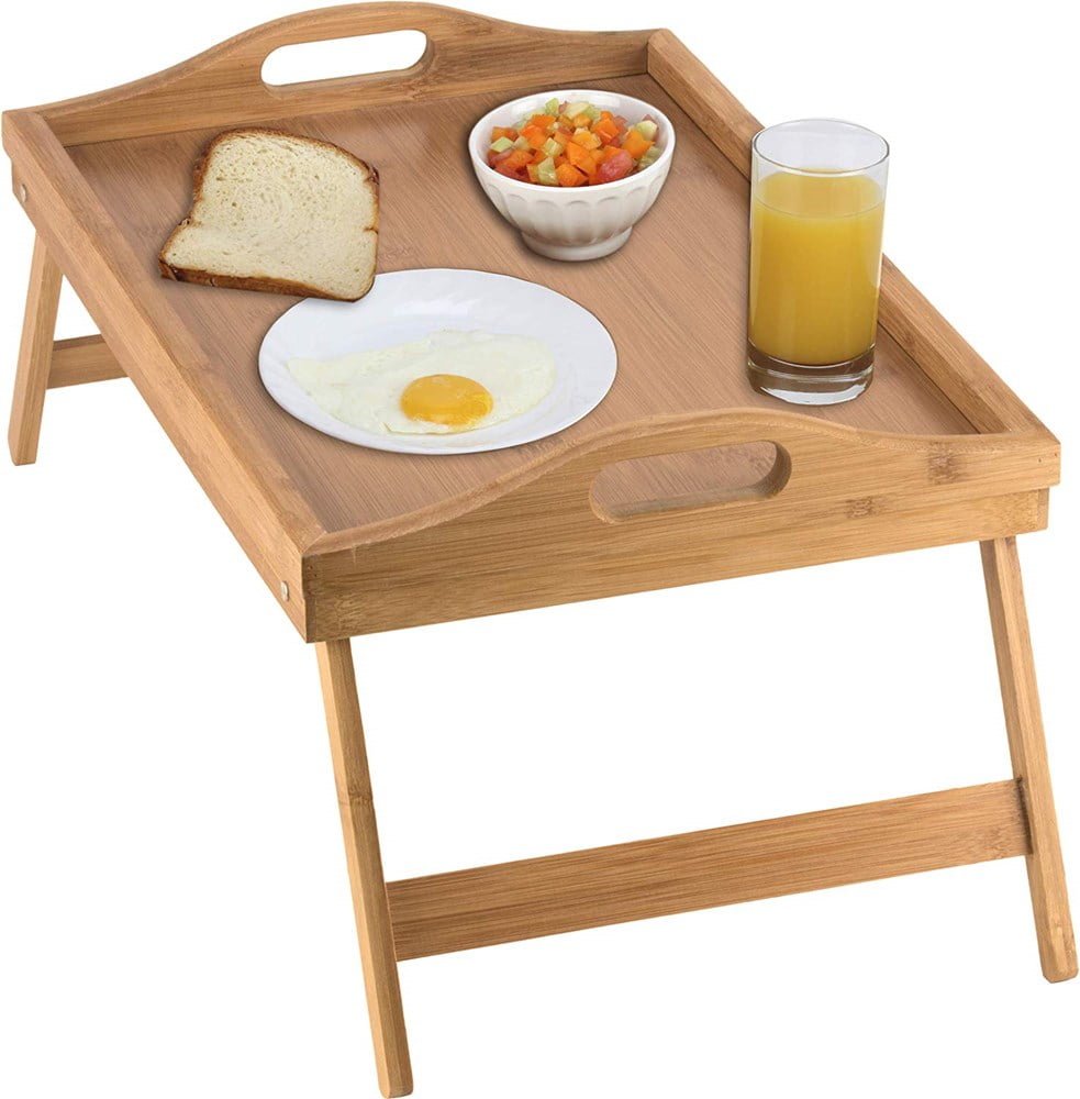 Furninxs Bamboo Bed Tray Table for Eating Breakfast Tray for Bed Foldable Wood Serving Tray with Legs for Home, Bedroom, Hospital, Beige