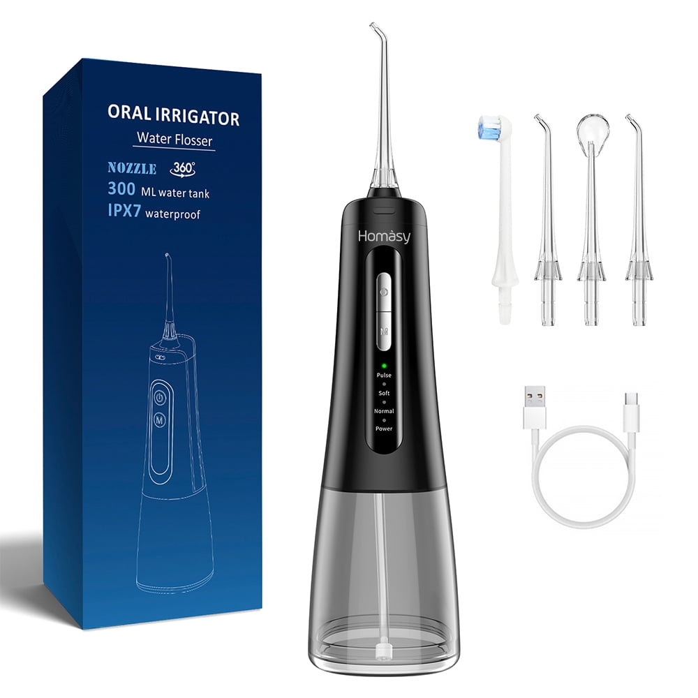 Homsay Cordless Water Flosser, Portable Dental Teeth Cleaner, 300ML Tank USB Rechargeable Dental Oral Irrigator for Home and Travel, 4 Modes , IPX7 Waterproof, Easy-to-Clean（Black）