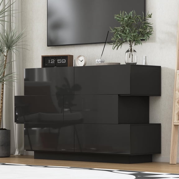 Homsee Modern Dresser Storage Chest with 6 Drawers & Stylish Shape, Wood Double Dresser Chest with Glossy Surface for Bedroom, Living Room & Hallway, Black
